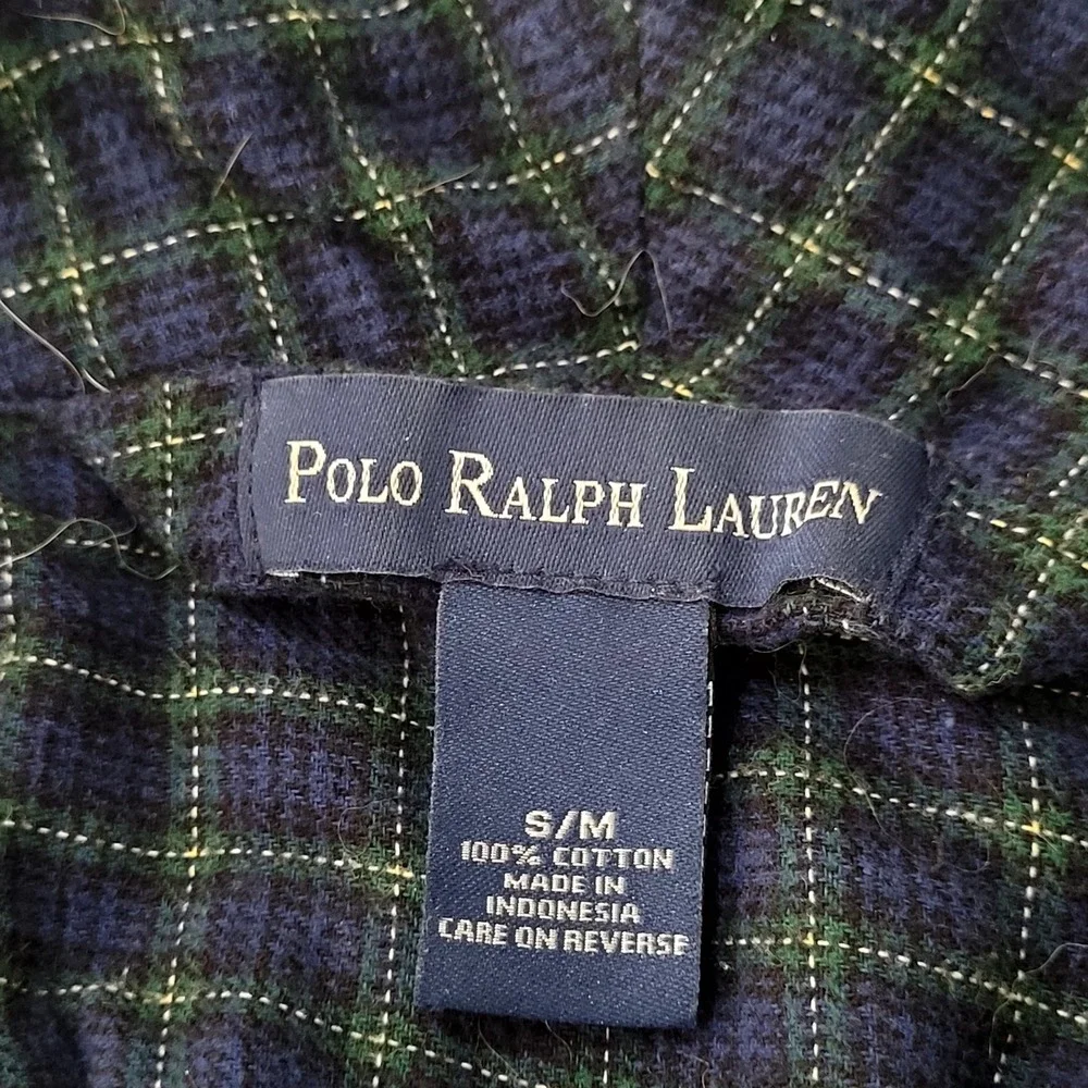 Polo Ralph Lauren Mens Plaid Robe Navy Blue Green 100% Cotton Shawl Collar S/M
